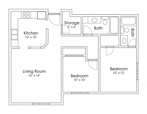 Floor plan for 2 beds, 2 baths, 1026 sqft